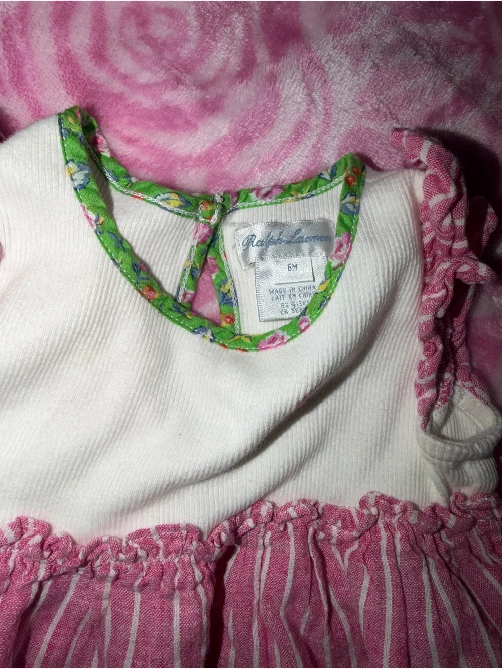 Ralph Lauren Pink & White Striped Baby Dress with Green Trim 6 month
